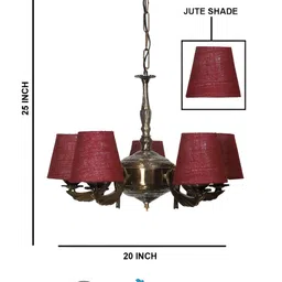 Devansh Pink & Brown Conical shade with Antique Golden Chandelier Metal Ceiling Lamp image 5