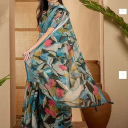HERE&NOW Floral Zari Linen Blend Designer Saree image 3