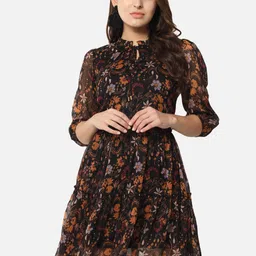 OTIRA Women Floral Print Tie-Up Neck Georgette A-Line Dress-image-91