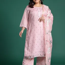 Indo Era Pink Embroidered Straight Kurta With Trousers & Dupatta image 2