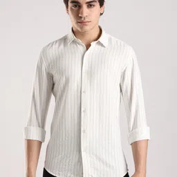 NEVER NEUD Men Classic Slim Fit Vertical Striped Spread Collar Casual Shirt-image-32