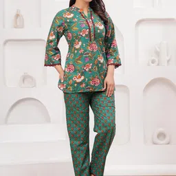 Aktasa Floral Printed Mandarin Collar Pure Cotton Straight Tunic With Trouser image 4