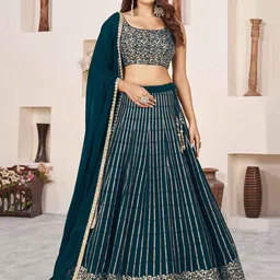 ETHNIC PLUS Embellished Sequinned Semi-Stitched Lehenga & Unstitched Blouse With Dupatta-picture-49
