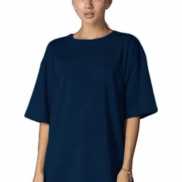 NOTWILD Women Solid Round Neck Cotton Oversized T-shirt-image-71