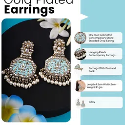 Anouk Gold Plated And Blue Artificial Stones Studded And Beaded Contemporary Drop Earrings image 2