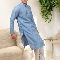 TATTVA Band Collar Regular Pure Cotton Kurta with Pyjamas image 3