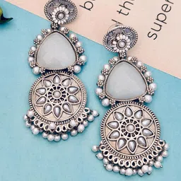 Sangria Silver Plated Stone Studded & Beaded Drop Earrings image 4