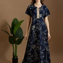 NIGHTSPREE Women Floral Printed Round Neck Fit And Flare Maxi Cotton Nightdress-image-1