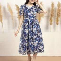 YK Girls Floral Printed Puff Sleeve Chiffon Fit & Flare Midi Dress-picture-32