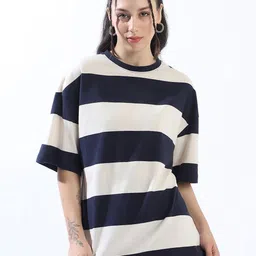 High Star Striped Round Neck Short Sleeves Oversized Cotton T-shirt-image-4