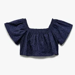 Koton Girls Square Neck Floral Embroidered Flared Sleeve Cotton Crop Top-picture-11