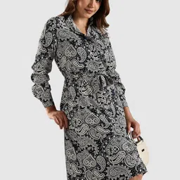 Tommy Hilfiger Women Paisley Printed Waist Tie-Ups Mandarin Collar A-Line Dress-picture-39