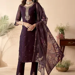 CaniBani Women Floral Embroidered Regular Thread Work Chanderi Silk Kurta with Trousers & With Dupatta-picture-11