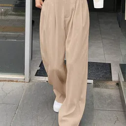 FNOCKS Women Relaxed Straight Leg Straight Fit High-Rise Pleated Trousers-image-50