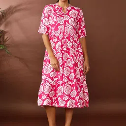 Jaipur Kurti Women Floral Printed Mandarin Collar A-Line Midi Ethnic Dress-picture-39