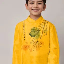 DEVOILER Boys Floral Printed Mandarin Collar Dupion Silk Straight Kurta image 2
