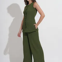 Murcia Women Olive Solid Round Neck Long Waistcoat With Trouser Co-ord set image 4