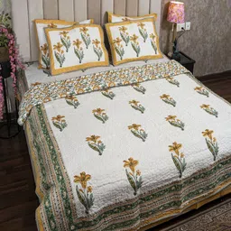 Hawamahal White & Green Floral Printed 350 TC Cotton King Bedsheet Set 2.75 m x 2.75 m-picture-30