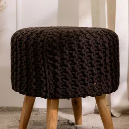 THREADVIBE LIVING Brown Wooden & Velvet Round Ottoman-image-39