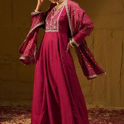 Indo Era Women Ethnic Motifs Embroidered Panelled Thread Work Kurta with Trousers & With Dupatta image 4