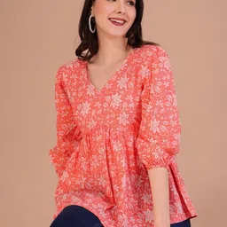 Zenava by Myntra Women Floral Printed Puff Sleeve Cotton Peplum Top-image-78