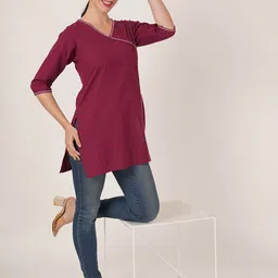 Brownverse Thread Work V-Neck Khadi Cotton Angrakha Design Kurta image 4