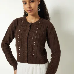 max Women Cable Knit Cardigan with Embellished Detail-image-9