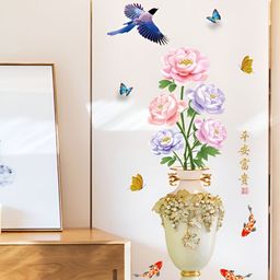 Asian royal Pink & Green Flower Vase Printed Wall Sticker-picture-44