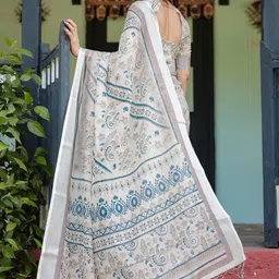 ALMAARI FASHION Floral Printed Pure Linen Banarasi Saree With Unstitched Blouse image 5