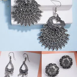 Anouk Set Of 3 German Silver-Plated Oxidised Peacock Shaped Drop Earrings-picture-37