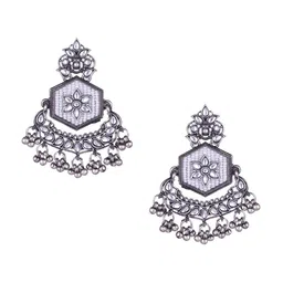 Sangria Silver-Plated Kundan-Studded Oxidised Drop Earrings image 5