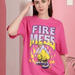 Tromko Women Pack of 2 Graphic Printed Round Neck Cotton Oversized T-shirts-image-85