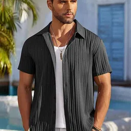 CB-COLEBROOK Men Textured Spread Collar Linen Casual Shirt-picture-24