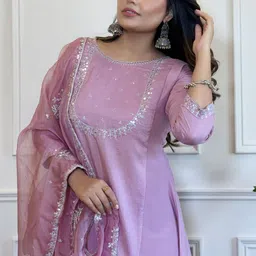 SWEETPEL Adults-Women Woven Design Embroidered Kurta with Trousers & Dupatta image 3