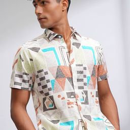 LOCOMOTIVE Men Comfort Slim Fit Spread Collar Geometric Printed Cotton Casual Shirt-picture-1