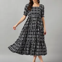 Raiyani Enterprise Ethnic Motifs Printed Square Neck Puff Sleeves Fit & Flare Midi Dress-picture-18