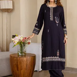 HERE&NOW Ethnic Motifs Embroidered Round Neck Thread Work Kurta With Palazzos-picture-35