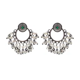 NAMAN ARTS Silver-Plated Artificial Stones Studded & Pearls Beaded Oxidised Drop Earrings image 2