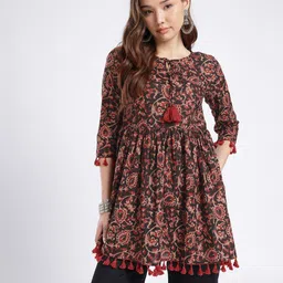 fusion by glitchez Ethnic Motifs Printed Tie-Up Neck Tassel Detail A-Line Kurti image 4