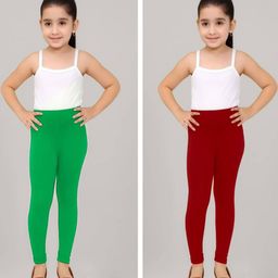 TIK TOK WEARS Girls Pack Of 2 Maroon & Green Solid Cotton Churidar Length Leggings-picture-48