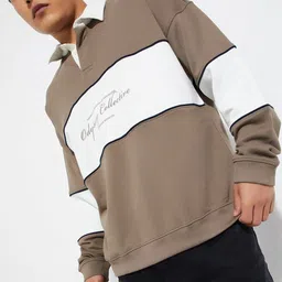 max Men Colourblocked Shirt Collar Oversized Cotton Sweatshirt-image-45