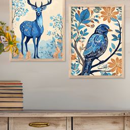 Kotart Brown & Blue 2 Pieces Deer & Birds Printed Wooden Wall Arts-picture-42