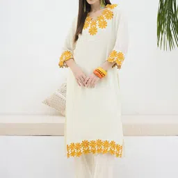 Indo Era Embroidered Pure Cotton V Neck Top With Trouser image 4