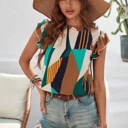 Stylecast X Slyck Women Geometric Print Flutter Sleeve Ruffles Blouson Top-image-38