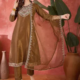 Sangria Floral Yoke Design Round Neck Thread Work A-Line Kurta With Trousers & Dupatta image 2