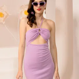VANGULL Women Cut-Outs Halter Neck Bodycon Mini Dress-image-9