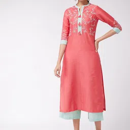 Pannkh Floral Yoke Design Mandarin Collar Thread Work Straight Kurta With Palazzos-image-27