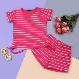 V-Mart Girls Striped Round Neck T-shirt with Shorts-picture-15