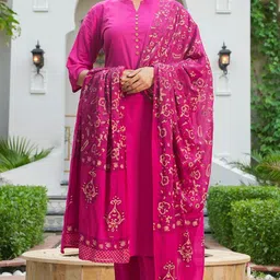 Aramya Mandarin Collar Pure Cotton Straight Kurta With Trousers & Dupatta-picture-26