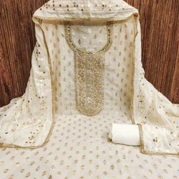 BlissFlair Floral Woven Design Sequinned Chanderi Cotton Unstitched Dress Material image 4